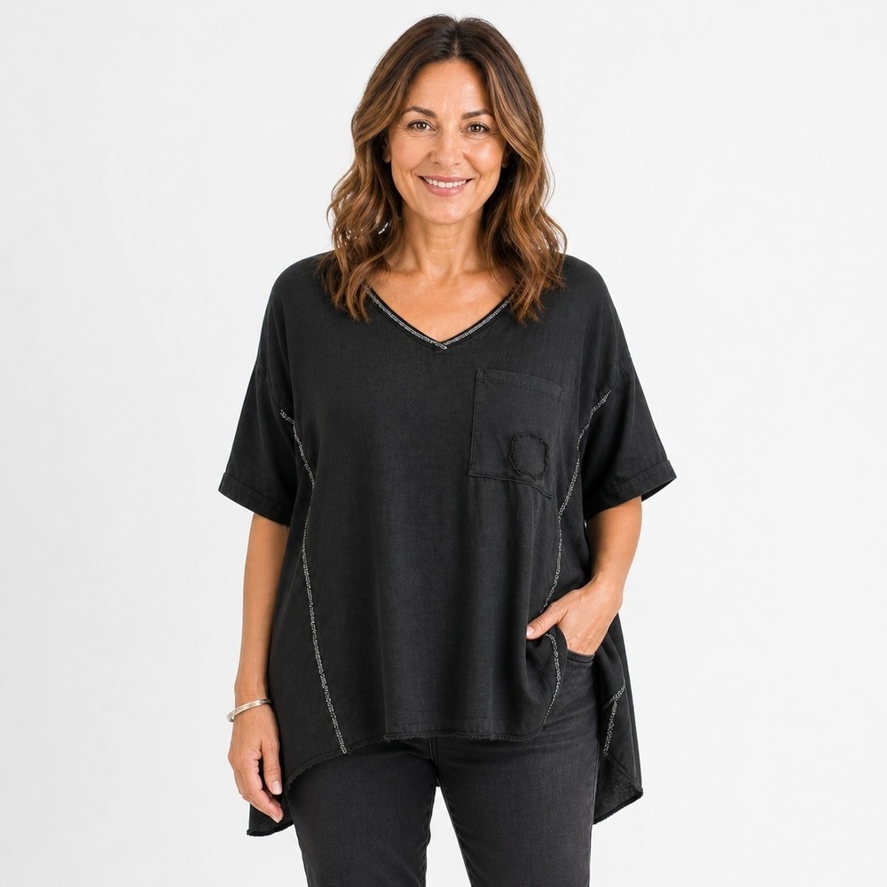 Made in Italy V Neck Top Womens L Black Relaxed Lagenlook Linen Cotton Pocket